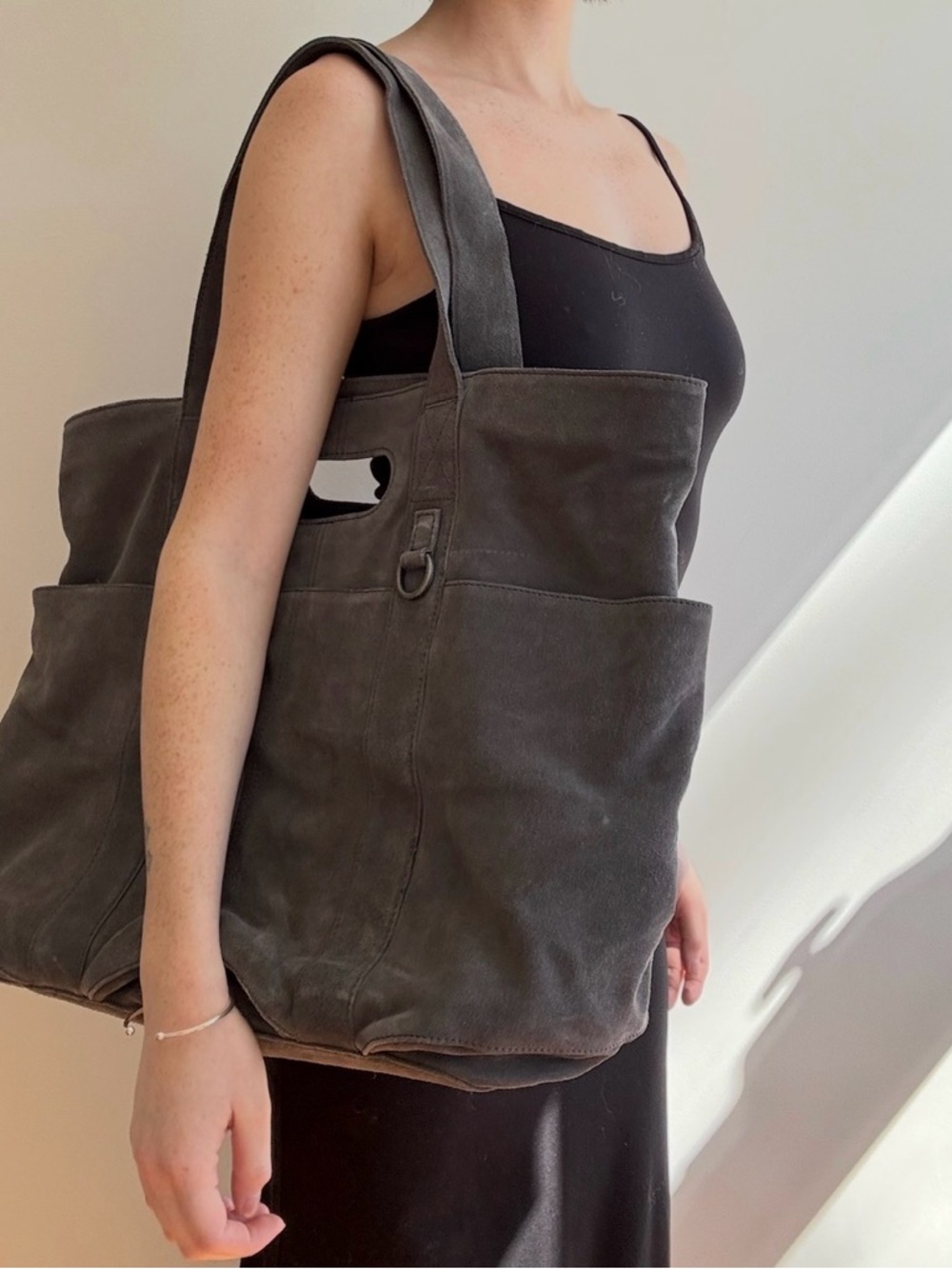 Free People Suede Caravan Tote charcoal gray. NWOT